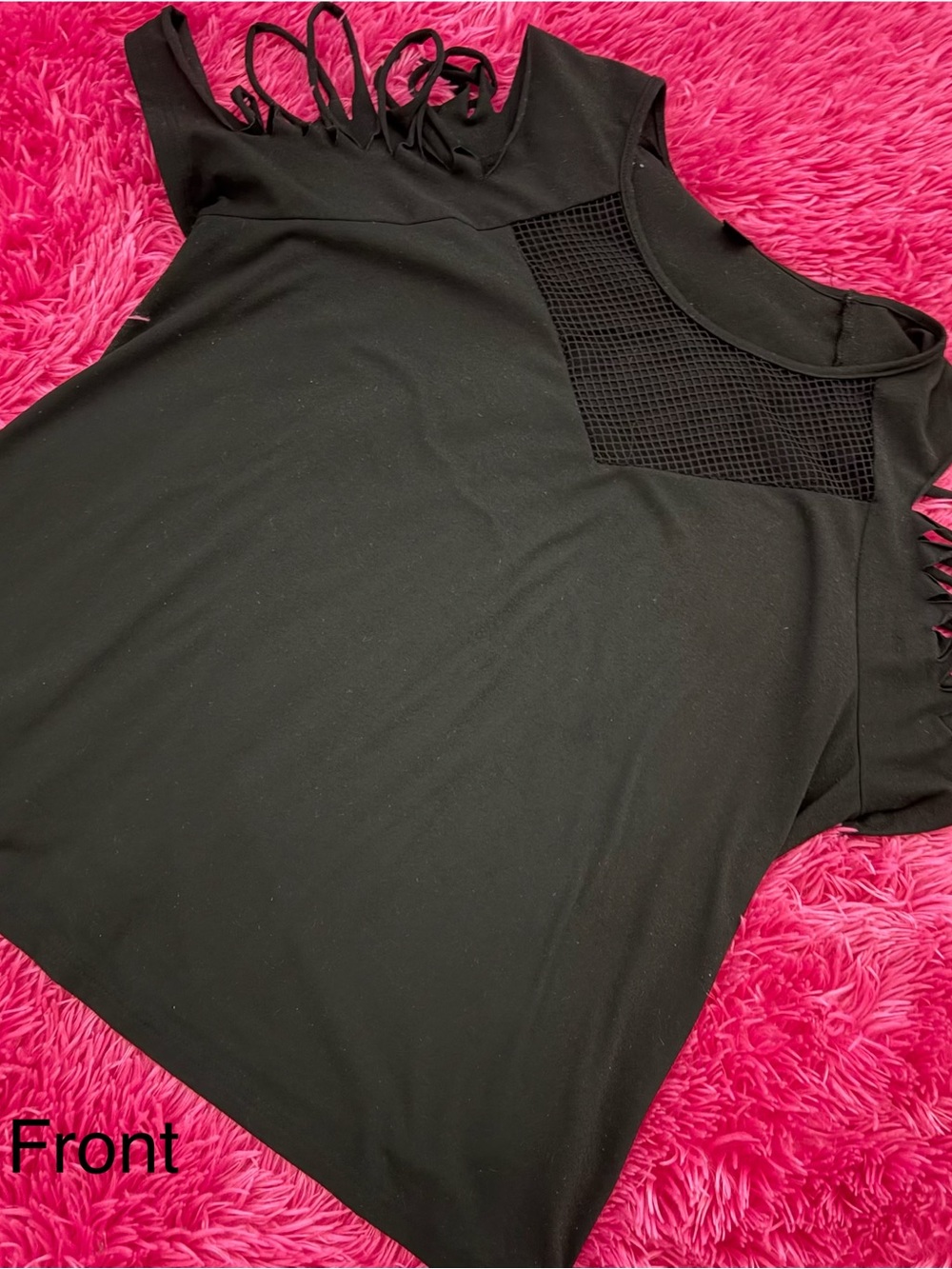 SHEIN Black Tank Top with Mesh Yoke and Cutout Strap Sleeves